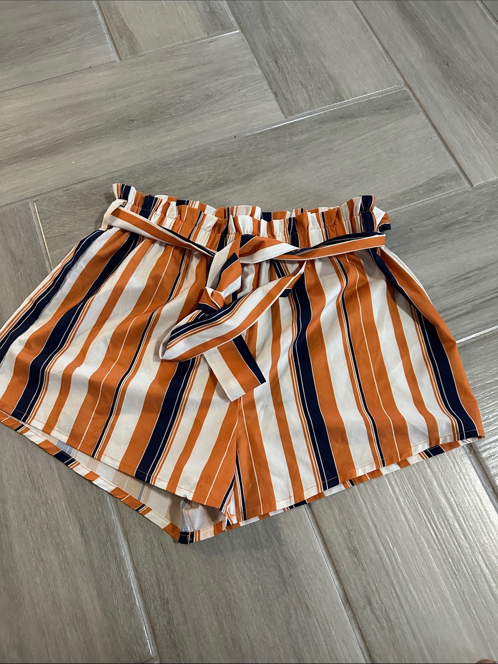 SHEIN Orange Navy White High-Waist Tie-Front Stripe Shorts